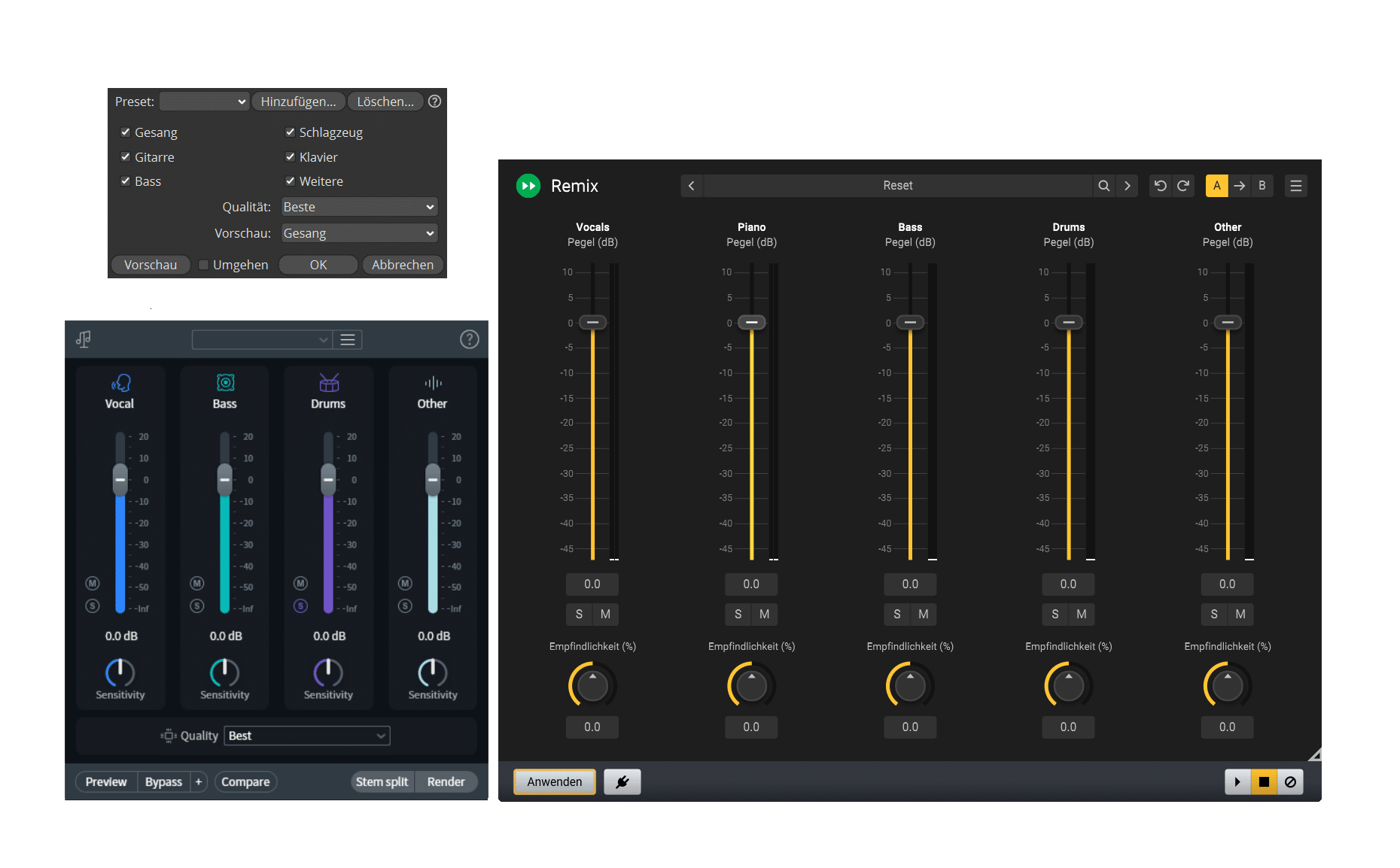 Die Unmix/Stem Separation Tools in Steinberg SpectraLayers Pro 10, Acon Digital Remix und Izotope RX 10