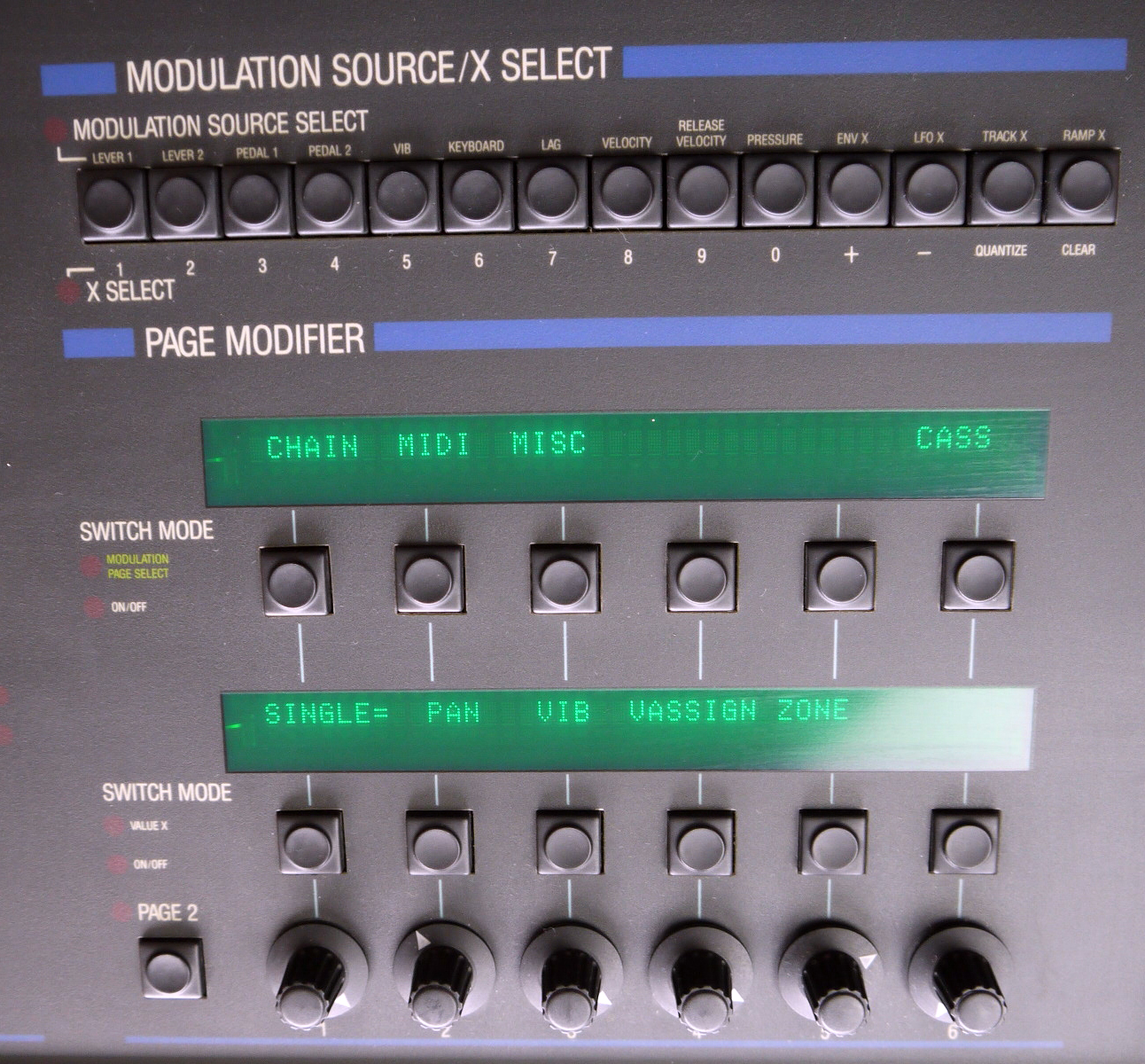 Das Matrix-Bedienpanel: Für jeden Parameter, der im Matrix-12 moduliert werden kann, gibt es eine Modulations-Page, in der bis zu sechs Modulationsquellen mit jeweils eigenem Modulationsgrad einem von 27 verschiedenen Zielen zugewiesen werden können.